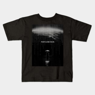 Portland Oregon Winter Rain: A person isolated under an umbrella in the pouring rain on a Dark Background Kids T-Shirt